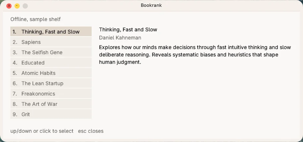 Bookrank app showing a ranked list of books with the author and a short summary of the selected one