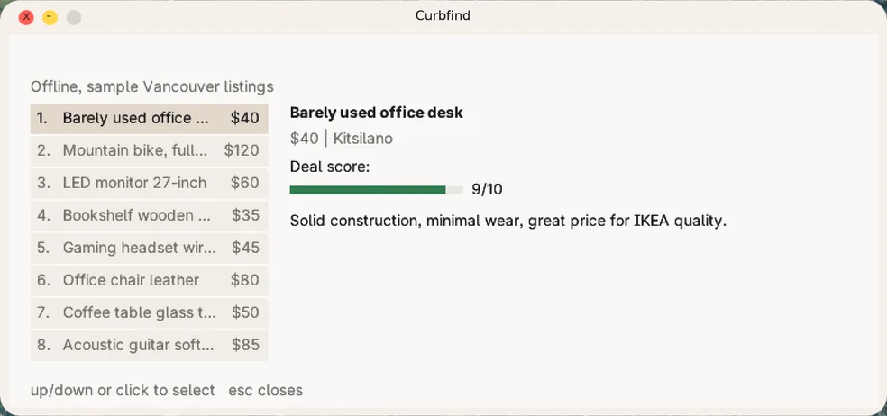 Curbfind app showing local listings with prices and a deal score for the selected one