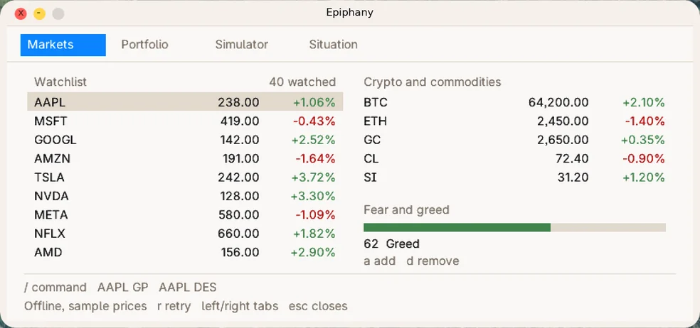 Epiphany app showing a watchlist, crypto and commodities, and a fear and greed gauge