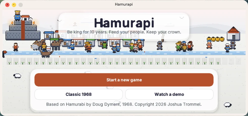 Hamurapi app showing a drawn city of houses and villagers around a ziggurat, with a button to start a new game