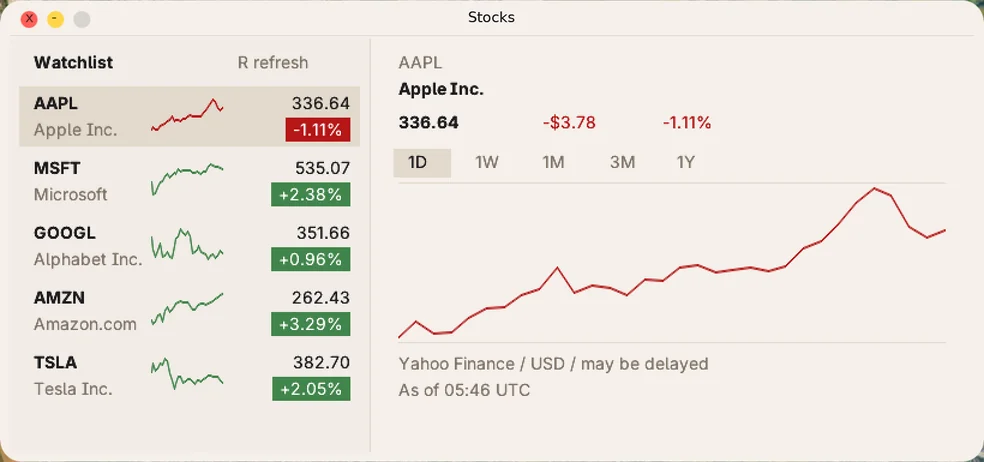 Stocks app showing live quotes and an intraday chart