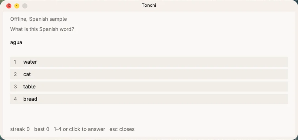 Tonchi app showing a Spanish word and four answers to pick from