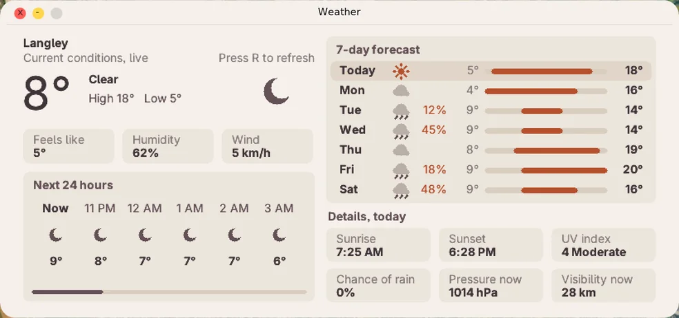 Weather app showing live current conditions and the next 24 hours, a 7-day forecast and a few details
