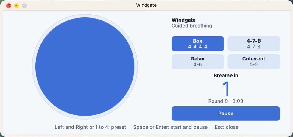 Windgate app showing a blue circle growing inside a ring, with four breathing presets and a countdown